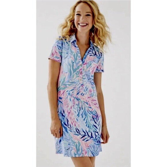 Women’s Lilly Pulitzer SADIE POLO DRESS Crew Blue Tint Kaleidoscope Coral Large - Picture 1 of 6
